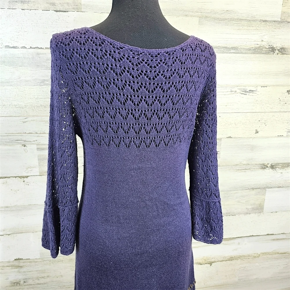 Free People Crochet Knit Flare Sleeve Mini Dress S Purple Boho Romantic Fairy